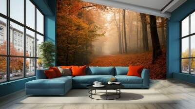 Autumn morning in the forest Wall mural