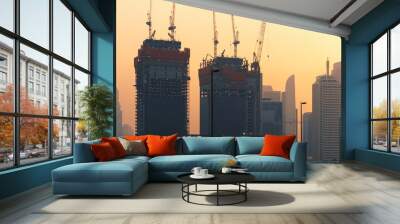 Construction of new modern tower buildings in Dubai at sunset, UAE. Wall mural