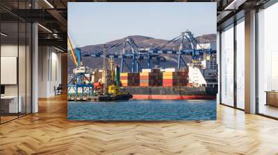 Containers on freight ship in industrial sea port for shipping and logistic, cranes and other special equipment, international commerce delivery Wall mural