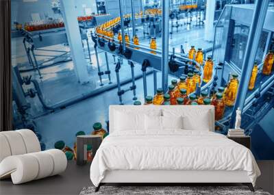 Conveyor belt, juice in bottles on beverage plant or factory interior in blue color, industrial production line Wall mural