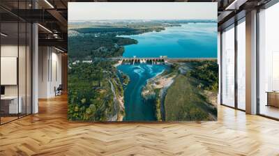 Dam at reservoir with flowing water, hydroelectricity power station, aerial panoramic view Wall mural