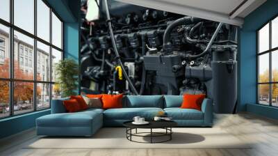 Diesel engine motor of tractor or combine harvester in industrial factory close up. Wall mural