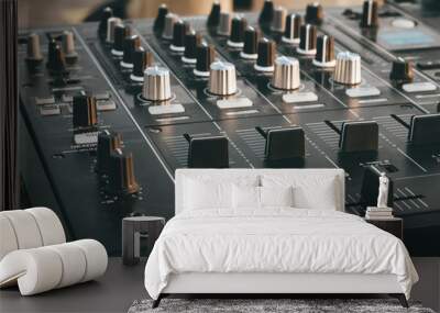 DJ turntable deck mixer close up, sound equipment, audio control panel for party, night clubs or music studio Wall mural