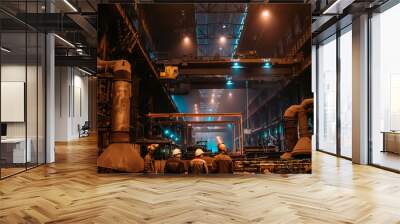 Foundry workshop. Metallurgical plant with unrecognizable workers. Heavy industry background. Wall mural