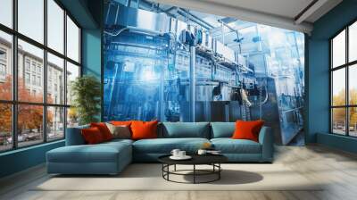 Industrial factory equipment in futuristic blue lights, conveyor line, industry background, toned Wall mural