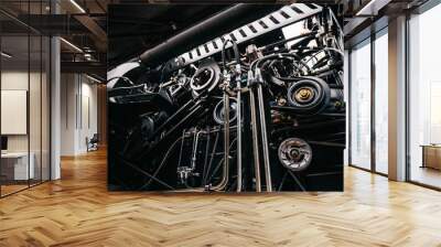 Industrial metal background, close up of new modern tractor engine with many steel parts Wall mural