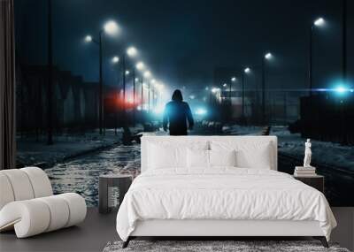 Man silhouette in misty alley at night city park, mystery and horror foggy cityscape atmosphere, alone stalker or crime person. Wall mural