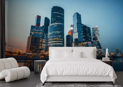 Panoramic view of Moscow city and Moskva River after sunset. New modern futuristic skyscrapers of Moscow-City - International Business Center Wall mural