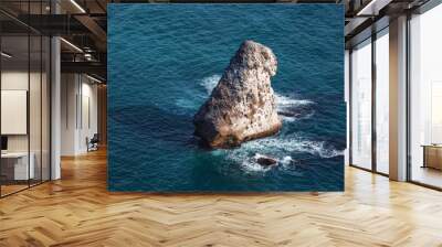 Rock stone above sea surface, water with foam splashes, beautiful Crimean summer ocean background Wall mural