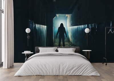 Silhouette of man maniac or killer or horror murderer with knife in hand in dark creepy and spooky corridor. Criminal robber or rapist concept in thriller atmosphere Wall mural