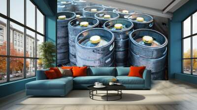 Stacked beer kegs at brewery yard, robust supply chain and storage of craft beer in industrial metal barrels with visible wear and tear. Wall mural