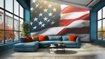 USA flag background. Waving American flag in sunlight flare, close up Wall mural