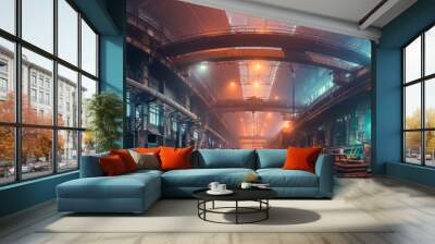 Wide angle panorama of metallurgical factory interior. Steel Mill foundry, Heavy Industry background. Wall mural