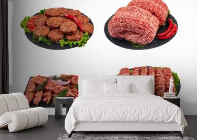 Set of raw marinated minced meat isolated on white Wall mural