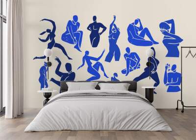 Abstract androgynous blue people body silhouette illustration set on isolated white background. Vintage collage style figure collection of women in diverse poses. Wall mural