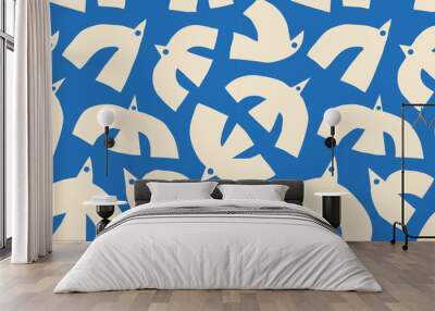 Abstract bird animal shape seamless pattern. Contemporary art flat cartoon background, simple birds flying in bright blue sky colors.  Wall mural