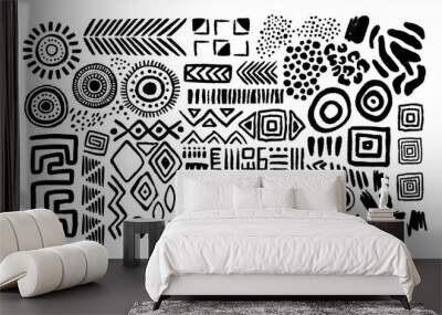 Abstract black and white african art shapes collection, tribal doodle decoration set. Random ethnic shapes, animal print texture and traditional hand drawn icons. Wall mural