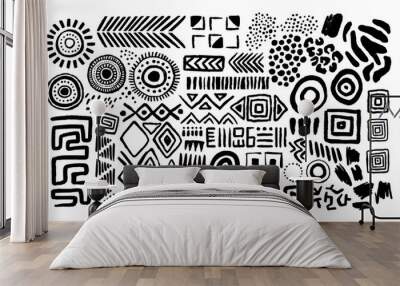 Abstract black and white african art shapes collection, tribal doodle decoration set. Random ethnic shapes, animal print texture and traditional hand drawn icons. Wall mural