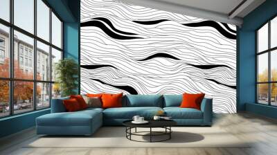 Abstract black and white hand drawn wavy line drawing seamless pattern. Modern minimalist fine wave outline background, creative monochrome wallpaper texture print.  Wall mural