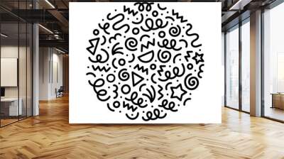 Abstract black and white line doodle circle shape. Creative minimalist style art round symbol for children or party celebration with modern shapes. Simple circular drawing scribble decoration. Wall mural