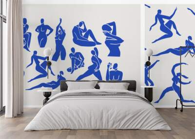 Abstract blue women seamless pattern set. Background illustration of flat cartoon woman figures, young vintage matisse art female wallpaper. Backdrop design for fashion fabric or modern trend print. Wall mural