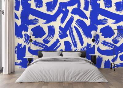 Abstract brush stroke painting seamless pattern illustration. Modern paint line background in blue color. Messy graffiti sketch wallpaper print, rough hand drawn texture. Wall mural