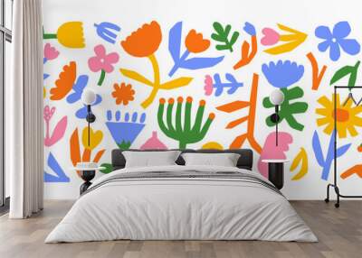 Abstract colorful flower drawing illustration set. Funny children art style floral doodle cartoon collection, hand drawn basic nature shapes on isolated background. Wall mural