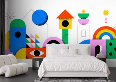 Abstract colorful geometric city landscape concept illustration. Creative modern geometry shapes with fun icon and bauhaus style decoration element. Contemporary art mosaic. Wall mural