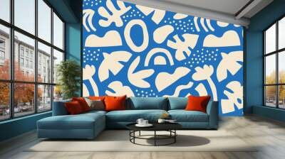 Abstract organic shape seamless pattern with colorful freehand doodles. Organic flat cartoon background, simple random shapes in blue colors.  Wall mural