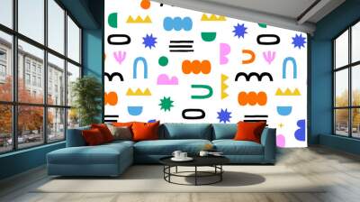 Abstract organic shape seamless pattern with colorful geometric doodles. Flat cartoon background, simple random shapes in bright childish colors.  Wall mural