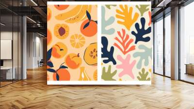 Abstract seamless pattern bundle with natural shapes, random freehand matisse wallpaper collection. Trendy fashion background includes modern minimalist art, tropical fruit and exotic summer doodles.  Wall mural