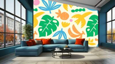 Abstract summer art seamless pattern with colorful nature doodles. Organic flat cartoon background, tropical vacation shapes in bright childish colors. Floral hawaiian print, exotic travel texture. Wall mural