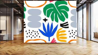 Abstract tropical nature seamless pattern with colorful freehand doodles. Modern flat cartoon background, simple random cutout shapes in bright trendy colors. Wall mural