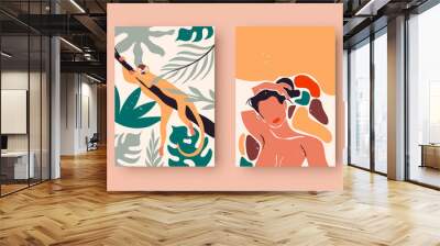 Abstract women portrait set, trendy diverse woman illustration collection with tropical nature decoration and wild jungle monkey. Wall print template for fashion, feminist, or beauty concept. Wall mural