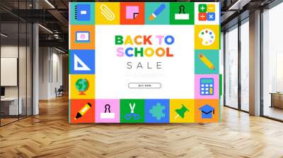 Back to school sale geometric web banner template. Modern flat education supplies cartoon icon background, fun study supply illustration. Children stationery shop, online business discount design. Wall mural