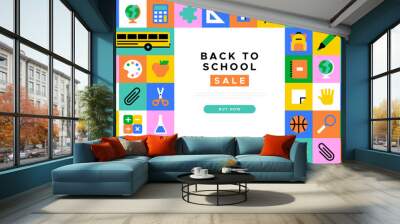 Back to school sale geometric web banner template. Modern flat education supplies cartoon icon background, fun study supply illustration. Children stationery shop, online business discount design. Wall mural