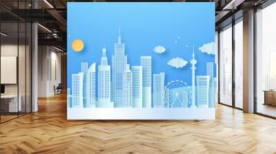 Big papercut city landscape illustration with modern  architecture skyscraper tower and urban buildings. Sunny day panorama of downtown cityscape in 3d paper cut art style. Wall mural