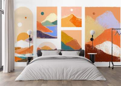 Big set of abstract mountain landscape collection. Trendy hand drawn mural art backgrounds of diverse travel scenery painting. Nature environment, coast biome, multicolor hills, desert dunes. Wall mural