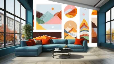 Big set of abstract mountain landscape collection. Trendy hand drawn mural art backgrounds of diverse travel scenery painting. Nature environment, coast biome, multicolor hills, desert dunes. Wall mural