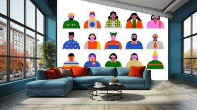 Big set of diverse people character portrait in colorful 90s style. Flat cartoon avatar in trendy fashion, business person or young student crowd of men and women.	 Wall mural