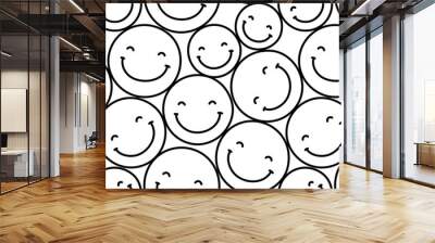 Black and white smiling face cartoon doodle seamless pattern. Funny retro smile faces background illustration. Vintage character wallpaper, fun monochrome  print. Wall mural