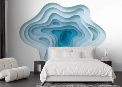 Blue paper cut background with layered curves in realistic 3d papercut craft art style. Modern water splash  or creative project template. Wall mural