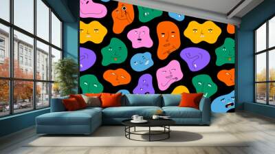 Colorful abstract shape cartoon faces seamless pattern illustration. Funny character art background with diverse emotion and hand gesture. Retro drawing doodle wallpaper print texture. Wall mural