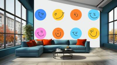 Colorful cartoon character face circle illustration set. Funny people faces doing diverse gesture and mood expression in trendy cartoon style. Social media reaction sticker, children drawing concept. Wall mural