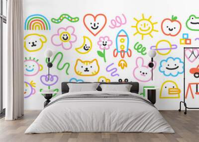 Colorful children cartoon icon collection. Set of funny line doodle decoration on isolated background. Simple kid art bundle includes child character, animal and nature symbol. Wall mural