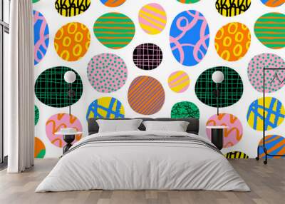 Colorful circle polka dot seamless pattern with collage art texture. Modern contemporary art background, round geometric shape hand drawn print, maximalist graffiti paint wallpaper. Wall mural