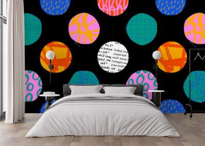 Colorful circle polka dot seamless pattern with collage art texture. Modern contemporary art background, round geometric shape hand drawn print, maximalist graffiti paint wallpaper. Wall mural