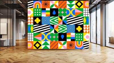 Colorful geometric mosaic seamless pattern illustration with creative abstract shapes. Modern scandinavian style background print. Trendy bright symbols and minimalist shape texture, geometry collage. Wall mural