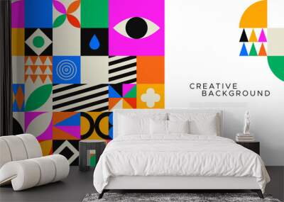 Colorful geometric mosaic web template illustration with creative abstract shapes. Modern scandinavian style background. Trendy bright symbols and minimalist shape texture, geometry collage. Wall mural