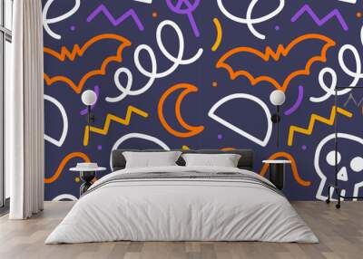 Colorful halloween party seamless pattern. Funny cartoon line doodle background illustration of scary autumn celebration decoration and childish shapes.	 Wall mural